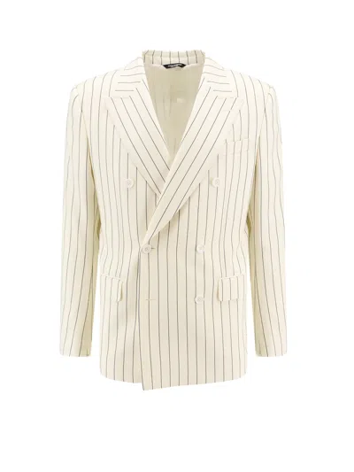 Dolce & Gabbana Wool And Silk Blazer With Striped Motif In Neutrals