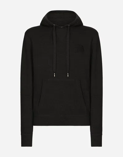Dolce & Gabbana Wool And Silk Hoodie With Dg Patch In Grey