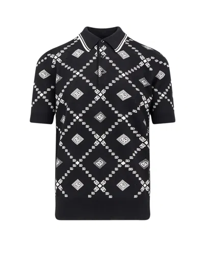 Dolce & Gabbana Wool And Silk Polo Shirt With Logo Monogram In Black