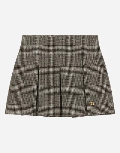 Dolce & Gabbana Wool-blend Glen Plaid Skirt With Dg Logo In Multicolor