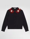Dolce & Gabbana Wool Cardigan With Embroidered Crochet Collar In Blue