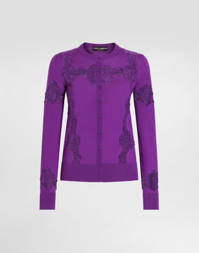 Dolce & Gabbana Wool Cardigan With Lace In Purple