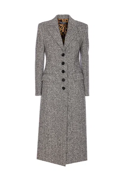 Dolce & Gabbana Single-breasted Wool Chevron Coat In Gray