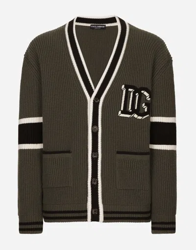 DOLCE & GABBANA WOOL FISHERMAN’S RIB-KNIT CARDIGAN WITH DG LOGO PATCH