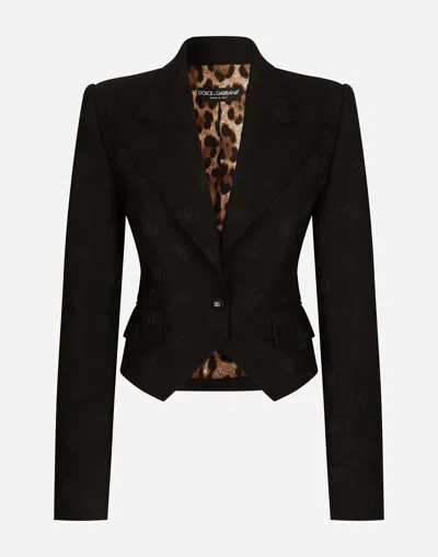 Dolce & Gabbana Wool Jacquard Spencer Jacket With All-over Dg Logo In Black