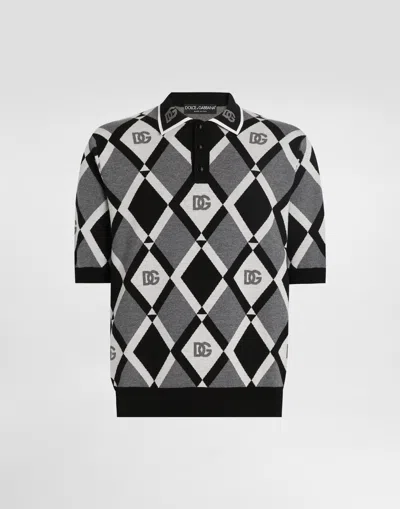 Dolce & Gabbana Diamond-pattern Polo Shirt In Black