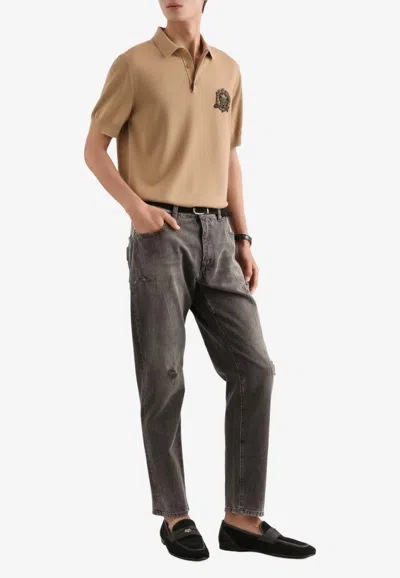 Dolce & Gabbana Wool Polo T-shirt With Logo-patch In Brown