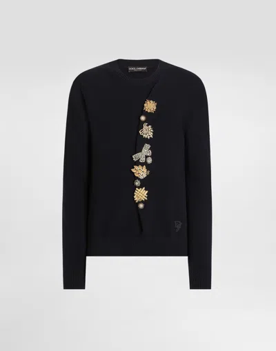 Dolce & Gabbana Wool Round-neck Sweater With Bejeweled Buttons In Blue
