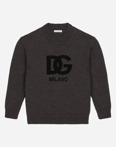 Dolce & Gabbana Kids' Wool Round-neck Sweater With Flocked Dg Logo In Multicolor