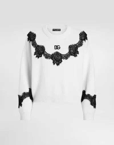 DOLCE & GABBANA WOOL SWEATER WITH DG LOGO AND LACE INSERTS