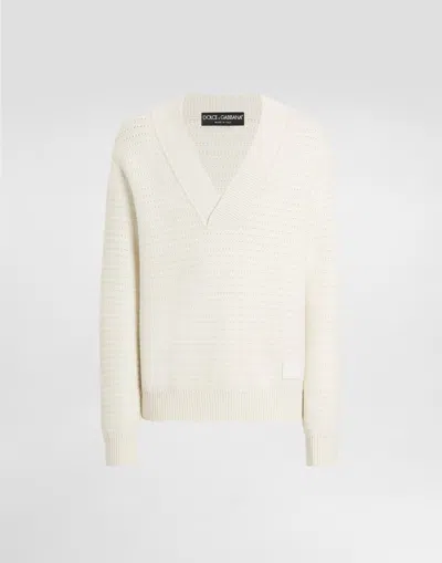 Dolce & Gabbana Wool V-neck Sweater With Dg Embroidery In White