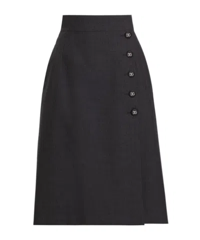 Dolce & Gabbana Woolen A-line Midi Skirt With Dg Buttons In Grey