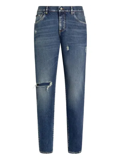 Dolce & Gabbana Worn-look Torn-knee Jeans In Blue