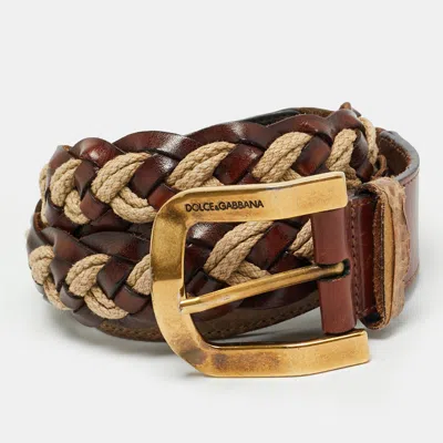 Pre-owned Dolce & Gabbana Woven 90cm Buckle Belt Brown Snakeskin And Leather