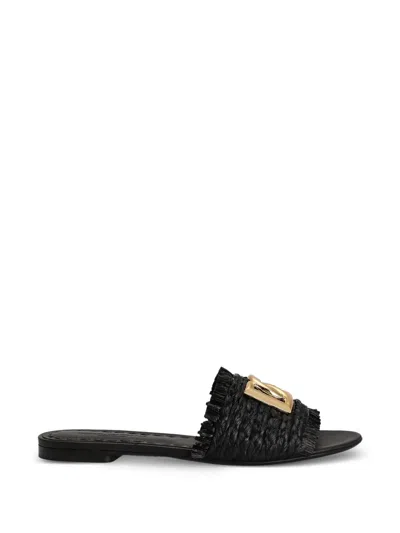 Dolce & Gabbana Woven Raffia Slippers With Fringe In Black
