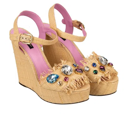Pre-owned Dolce & Gabbana Woven Straw Crystal Plateau Sandals Pumps Bianca Beige 12490