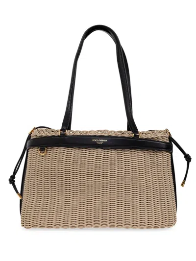 Dolce & Gabbana Woven Structured Handbag With Black Leather Accents In Neutrals