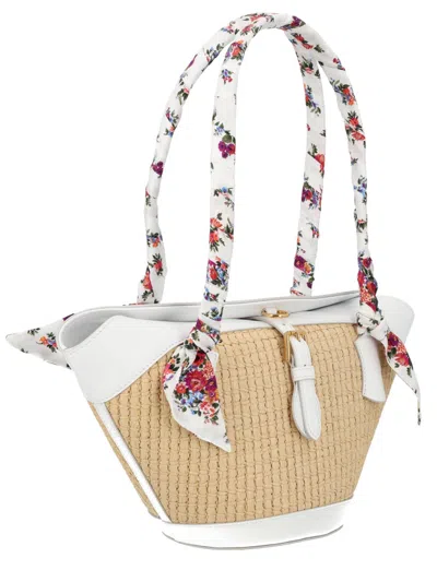 Dolce & Gabbana Woven Tote Bag With Floral Scarf Handles In White