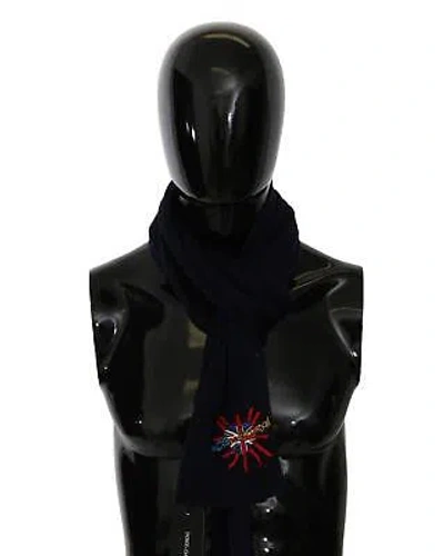 Pre-owned Dolce & Gabbana Navy Wool Scarf With Dg Loves London Embroidery - Scarves & In Blue