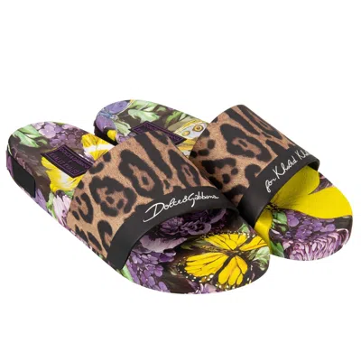 Pre-owned Dolce & Gabbana X Dj Khaled Slides Sandals Butterfly Leopard Black Purple 11378
