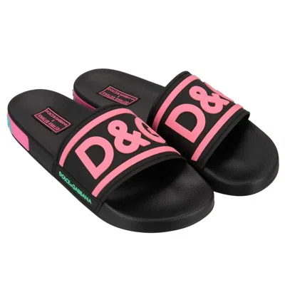 Pre-owned Dolce & Gabbana X Dj Khaled Slides Sandals D&g Logo Black Pink 11379