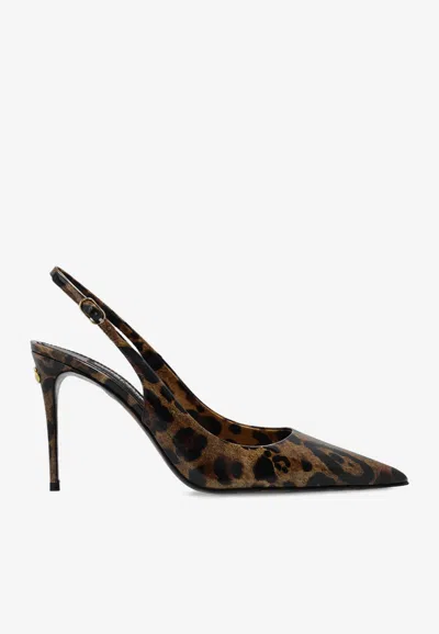 Dolce & Gabbana X Kim 95 Leopard Print Slingback Pumps In Patent Leather In Animal Print
