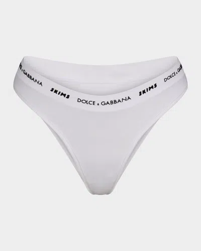 Dolce & Gabbana X Skims Cotton Jersey Tanga In Snow