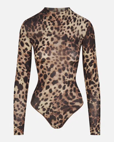 Dolce & Gabbana X Skims Milky Sheer Turtleneck Bodysuit In Leopard
