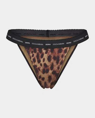 Dolce & Gabbana X Skims Stretch Satin Thong In Leopard