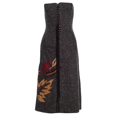 Pre-owned Dolce & Gabbana Y2k Corset Hourglass Tweed Lace Up Dress Leather Trimmings 44 In Black
