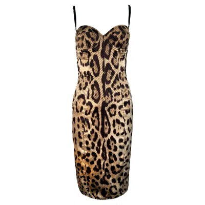 Pre-owned Dolce & Gabbana Y2k Iconic Silk Leopard Print Bustier Dresst In Black
