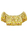 Dolce & Gabbana Cotton Poplin Crop Top With Majolica Print In Mix Maiolica Giallo