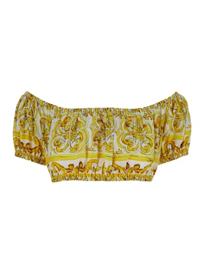 DOLCE & GABBANA YELLOW AND WHITE CROP TOP WITH MAJOLICA PRINT IN COTTON WOMAN