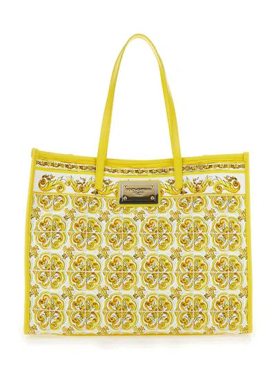 Dolce & Gabbana Yellow And White Tote Bag With Majolica Print And Logo Plaque In Cotton Woman