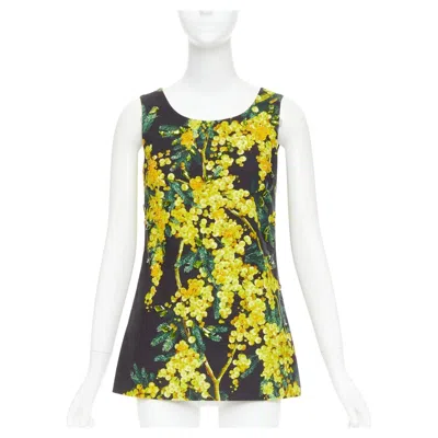 Pre-owned Dolce & Gabbana Dolce Gabbana Yellow Black Beaded Mimosa Acacia Print Floral Tunic It38 Xs