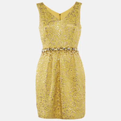 Pre-owned Dolce & Gabbana Yellow Brocade Crystal Embellished Mini Dress M