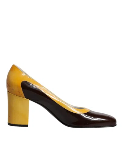 Pre-owned Dolce & Gabbana Yellow Brown Leather Block Heel Pumps Women's Shoes ()