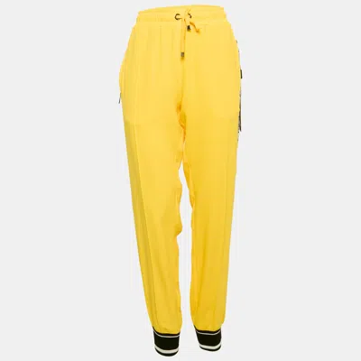 Pre-owned Dolce & Gabbana Yellow Crepe Logo Tape Trimmed Trackpants L