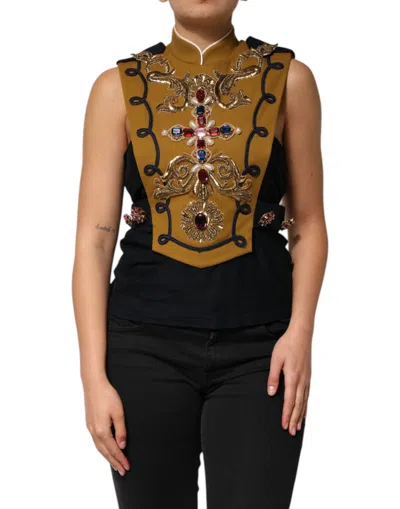 Pre-owned Dolce & Gabbana Yellow Crystal Cross Runway Vest Jacket Women's Top () In Brown