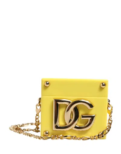 Dolce & Gabbana Yellow Dg Logo Plaque Cover Gold Chain Airpods Case