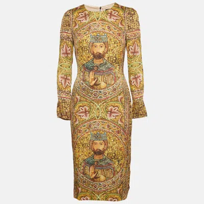 Pre-owned Dolce & Gabbana Yellow Ecclesiastical Print Silk Midi Dress M