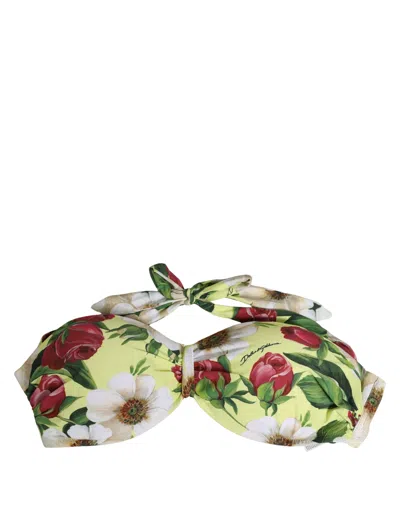 Dolce & Gabbana Yellow Floral Halter Nylon Beachwear Bikini Women's Top