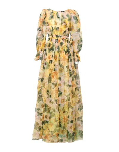 Pre-owned Dolce & Gabbana Yellow Floral Print Long Sleeves Maxi Women's Dress ()