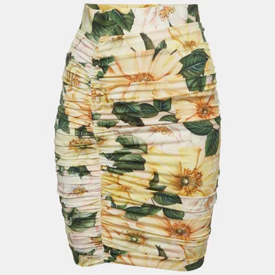 Pre-owned Dolce & Gabbana Yellow Floral Print Stretch Silk Ruched Mini Skirt Xs