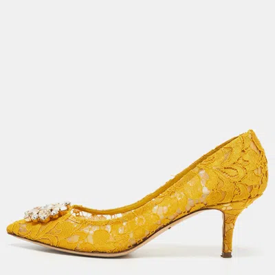 Pre-owned Dolce & Gabbana Yellow Lace And Mesh Bellucci Crystal Embellished Pointed Toe Pumps Size 40