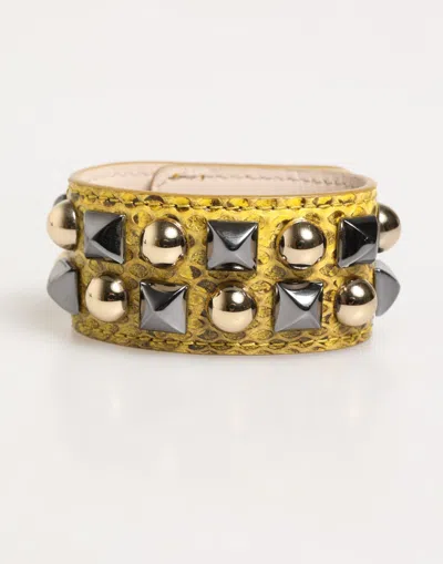 Dolce & Gabbana Yellow Leather Cuff Studded Embellished Bracelet In Gold