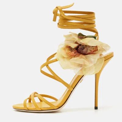 Pre-owned Dolce & Gabbana Yellow Leather Flower Embellished Ankle Wrap Sandals Size 39.5