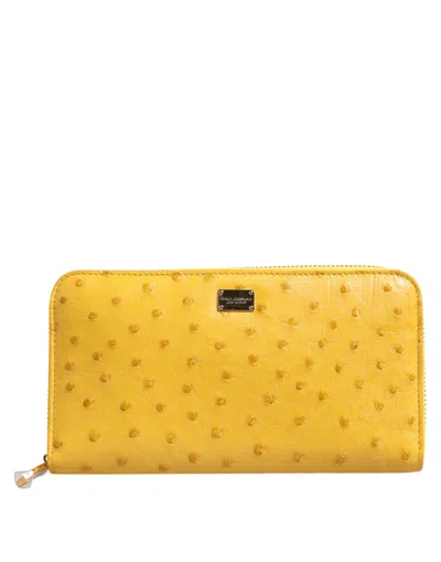Pre-owned Dolce & Gabbana Yellow Leather Logo Plaque Zip Around Continental Women's Wallet ()