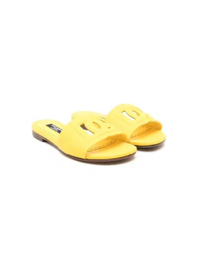 Dolce & Gabbana Kids' Yellow Leather Slide With Dg Logo