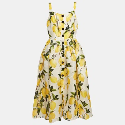 Pre-owned Dolce & Gabbana Yellow Lemon Print Silk Flared Midi Dress L